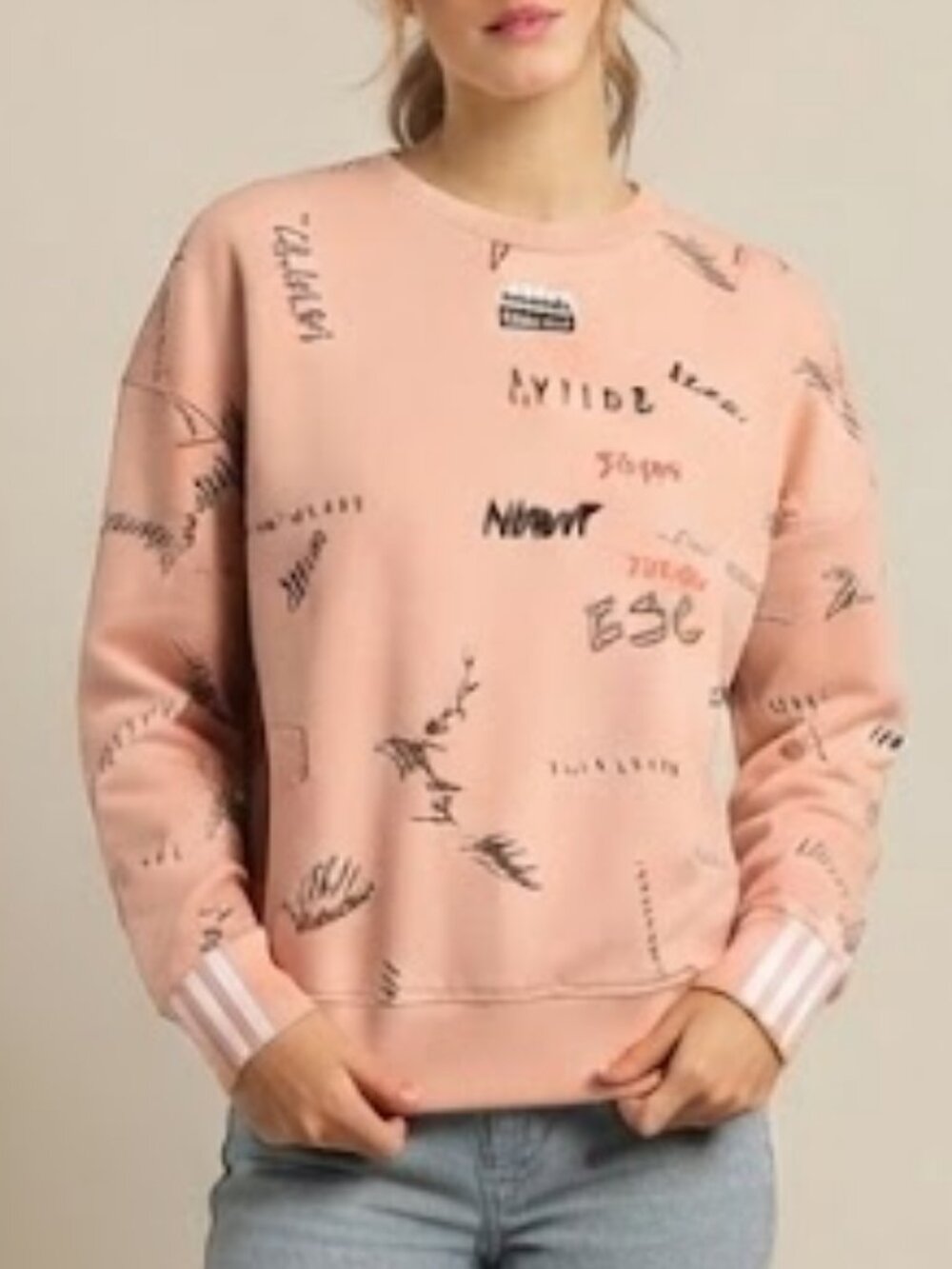 Adidas Originals Allover Print Graffiti Script Pink Crewneck Sweatshirt Size S